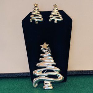 Silver Swirl Gold Star Holiday Tree Brooch/Slide/Pendant & Earrings